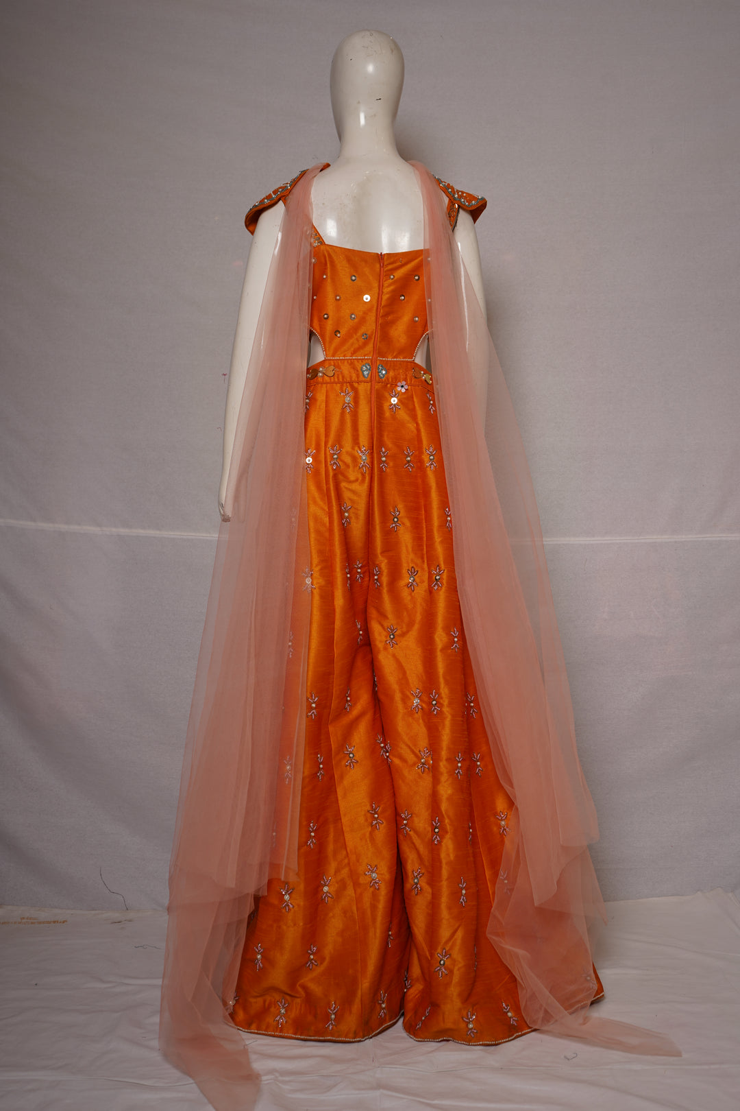 Sunset Orange Embellished Indo-Western Gown with Cape Dupatta