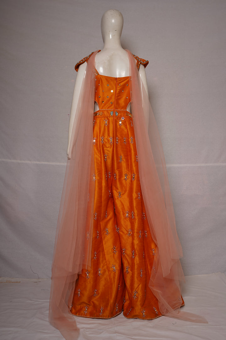 Sunset Orange Embellished Indo-Western Gown with Cape Dupatta