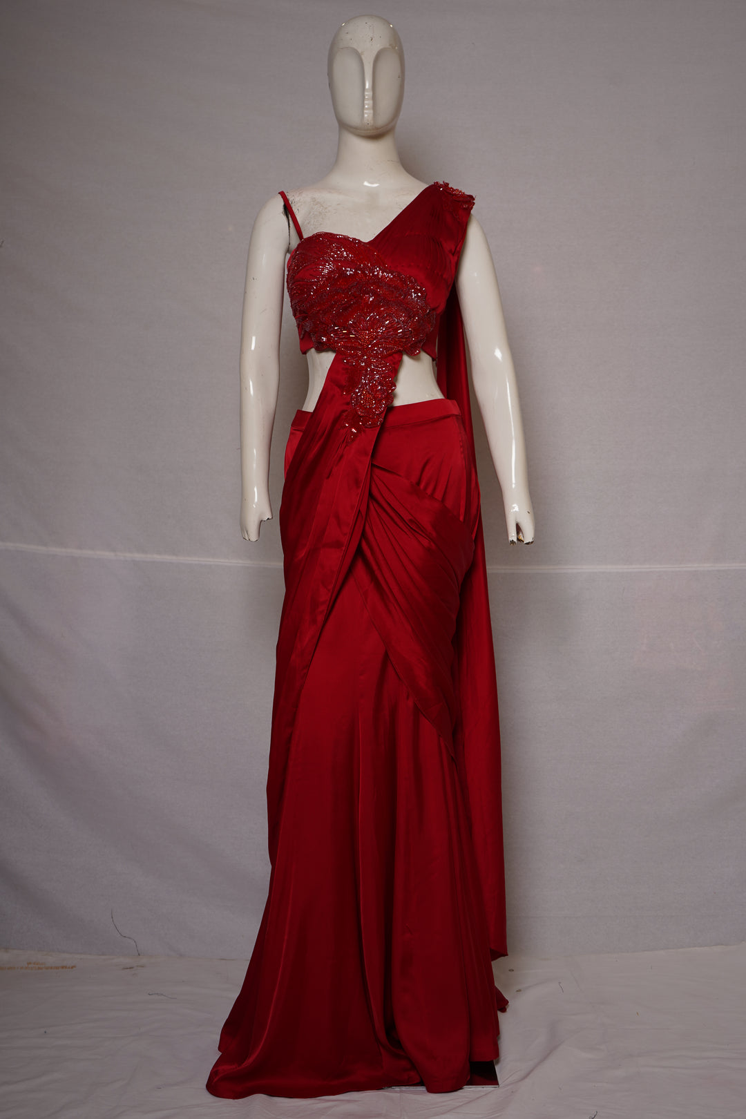 Ruby Red Draped Indo-Western Saree Gown with Embellished Floral Bodice