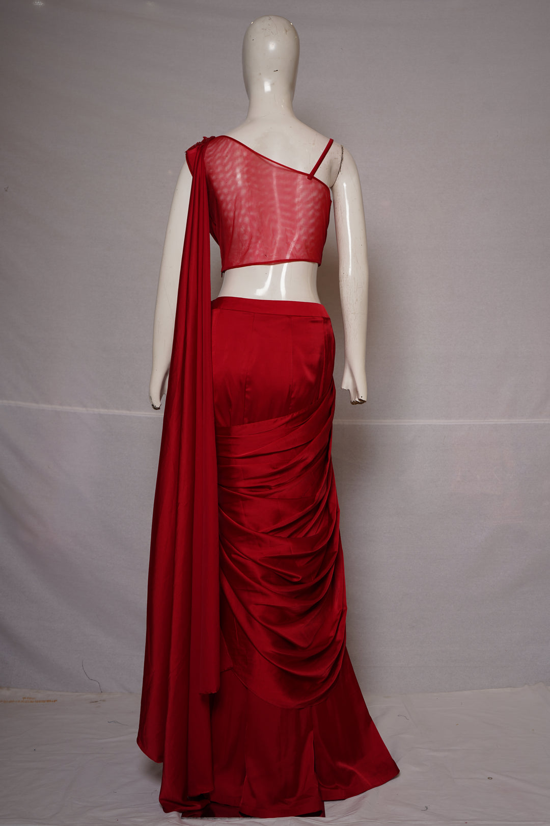 Ruby Red Draped Indo-Western Saree Gown with Embellished Floral Bodice