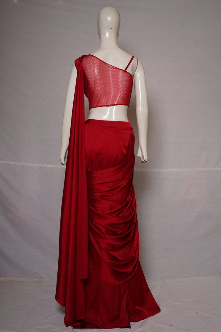 Ruby Red Draped Indo-Western Saree Gown with Embellished Floral Bodice