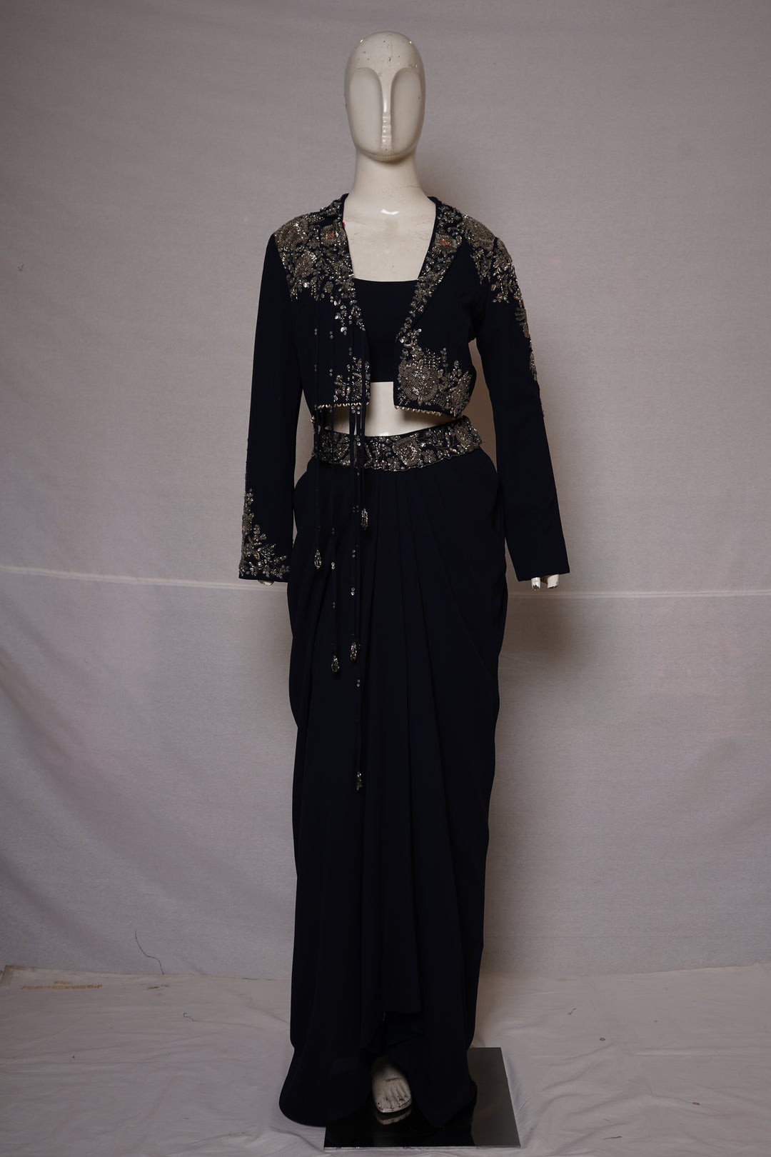 Midnight Navy Indo-Western Drape Set with Embroidered Jacket