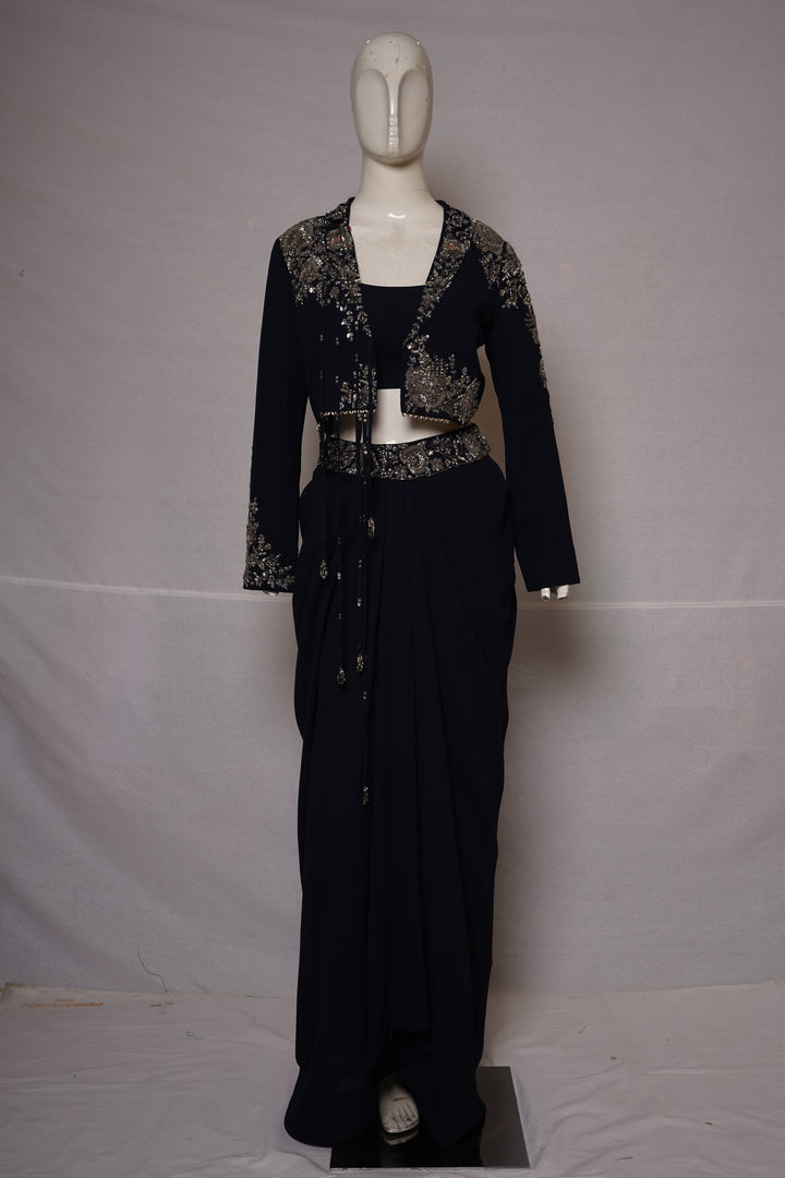 Midnight Navy Indo-Western Drape Set with Embroidered Jacket