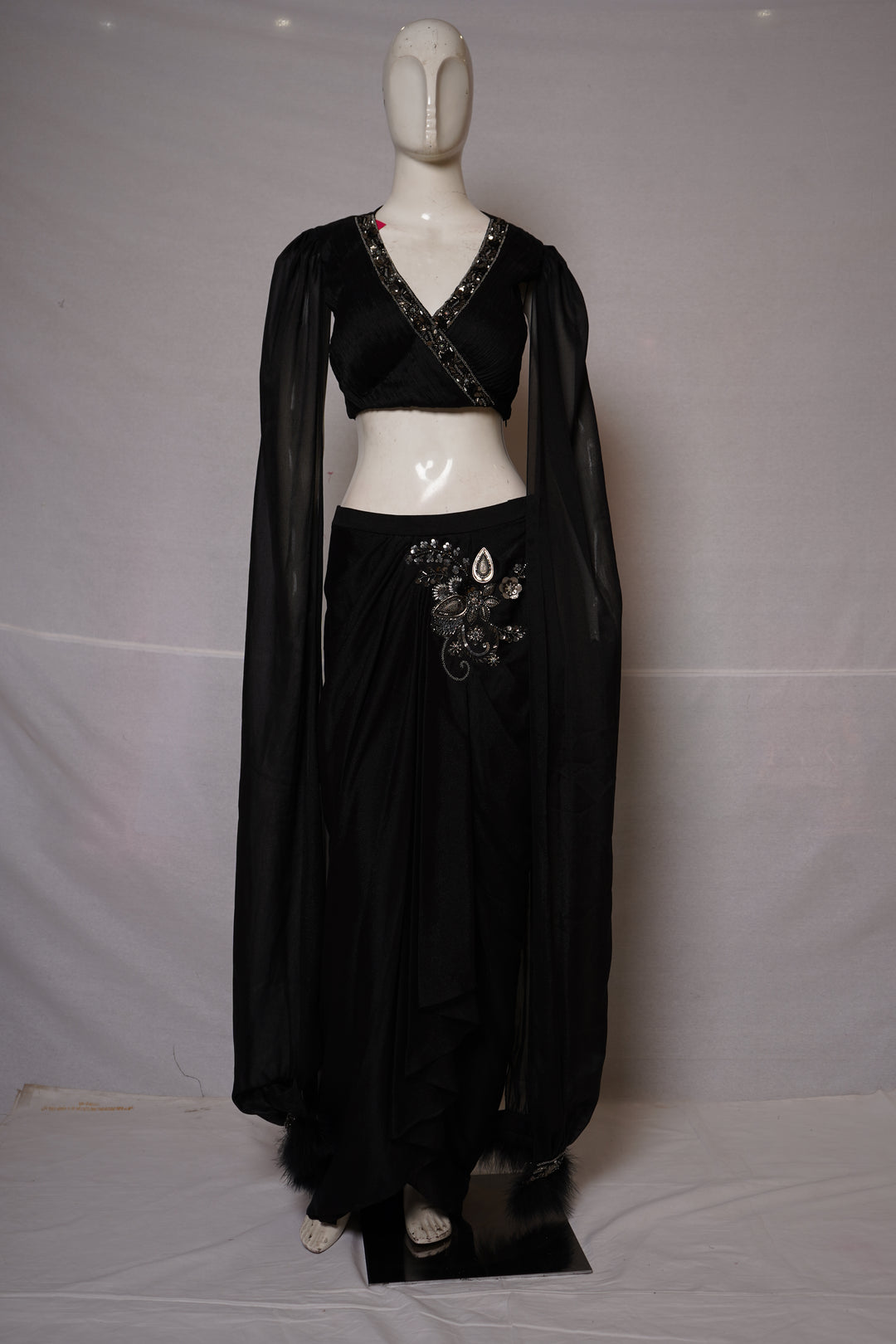 Black Glam Indo-Western Drape Saree with Cape Sleeves