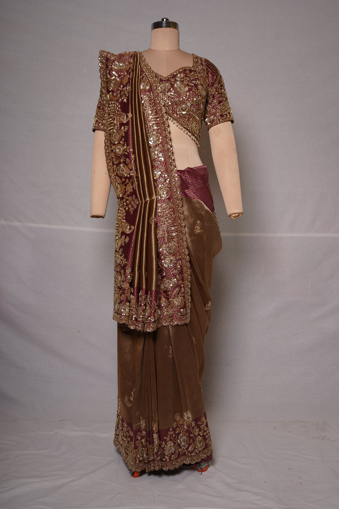 Copper Gold Designer Saree with Maroon Heritage Embroidered Border