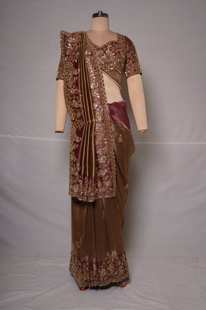 Copper Gold Designer Saree with Maroon Heritage Embroidered Border