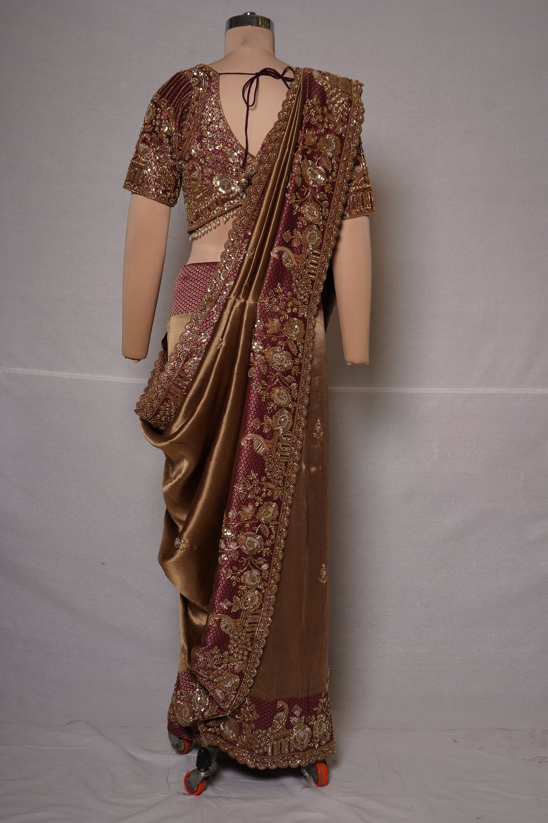 Copper Gold Designer Saree with Maroon Heritage Embroidered Border