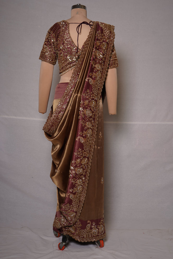 Copper Gold Designer Saree with Maroon Heritage Embroidered Border