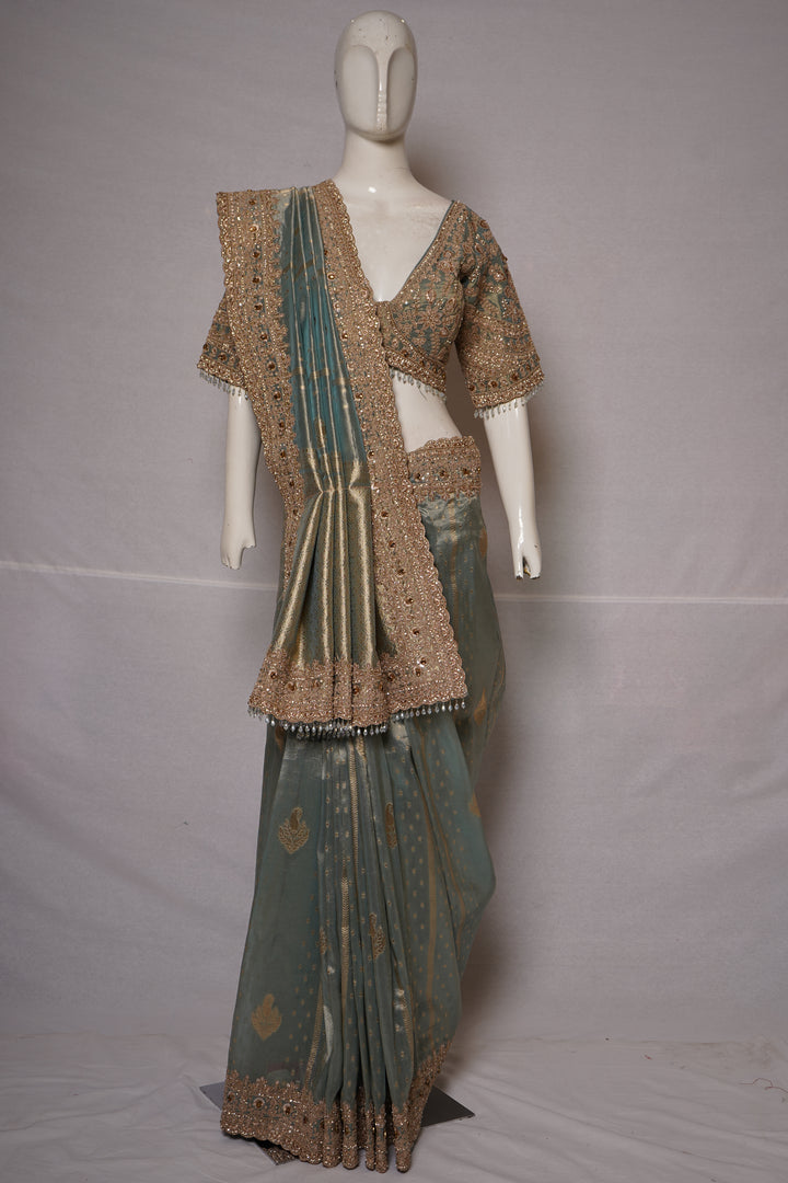 Teal Blue Designer Saree with Antique Gold Embroidered Blouse