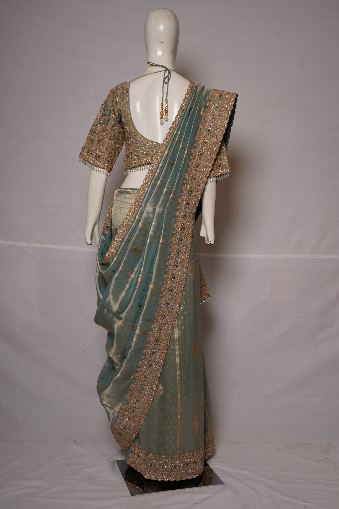 Teal Blue Designer Saree with Antique Gold Embroidered Blouse
