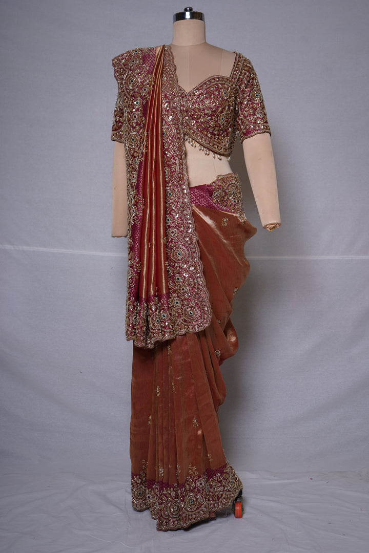 Rose Gold Tissue Saree with Wine Embroidered Border