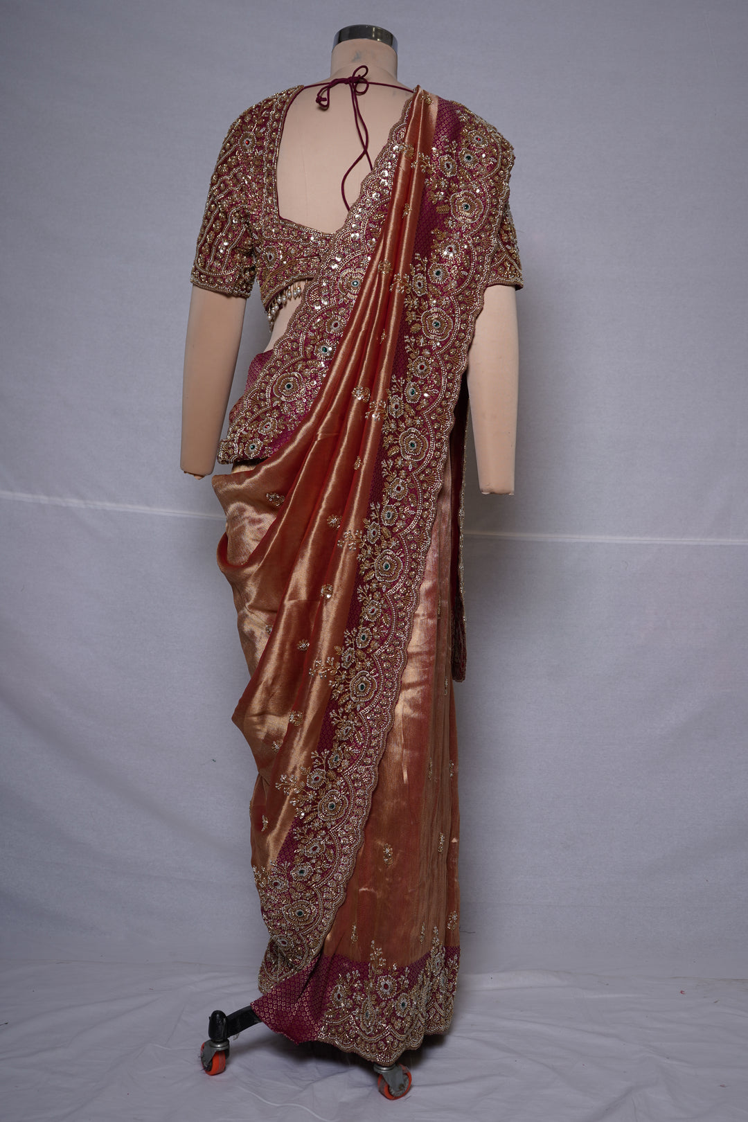 Rose Gold Tissue Saree with Wine Embroidered Border