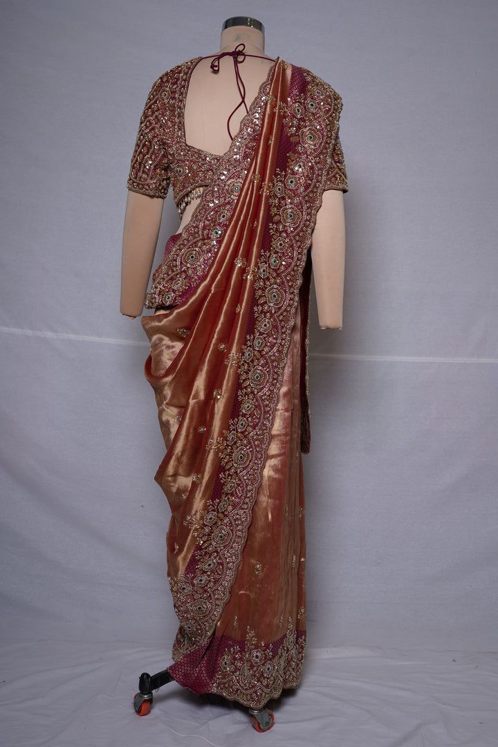 Rose Gold Tissue Saree with Wine Embroidered Border