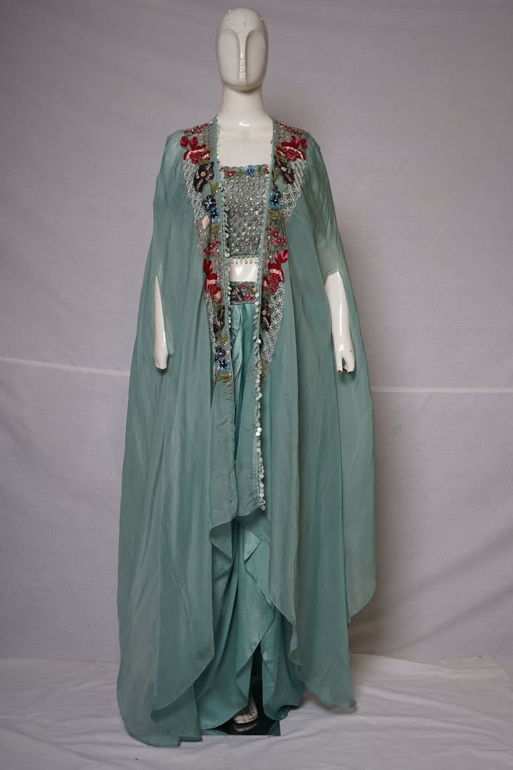 Powder Blue Embroidered Cape Style Designer Ensemble