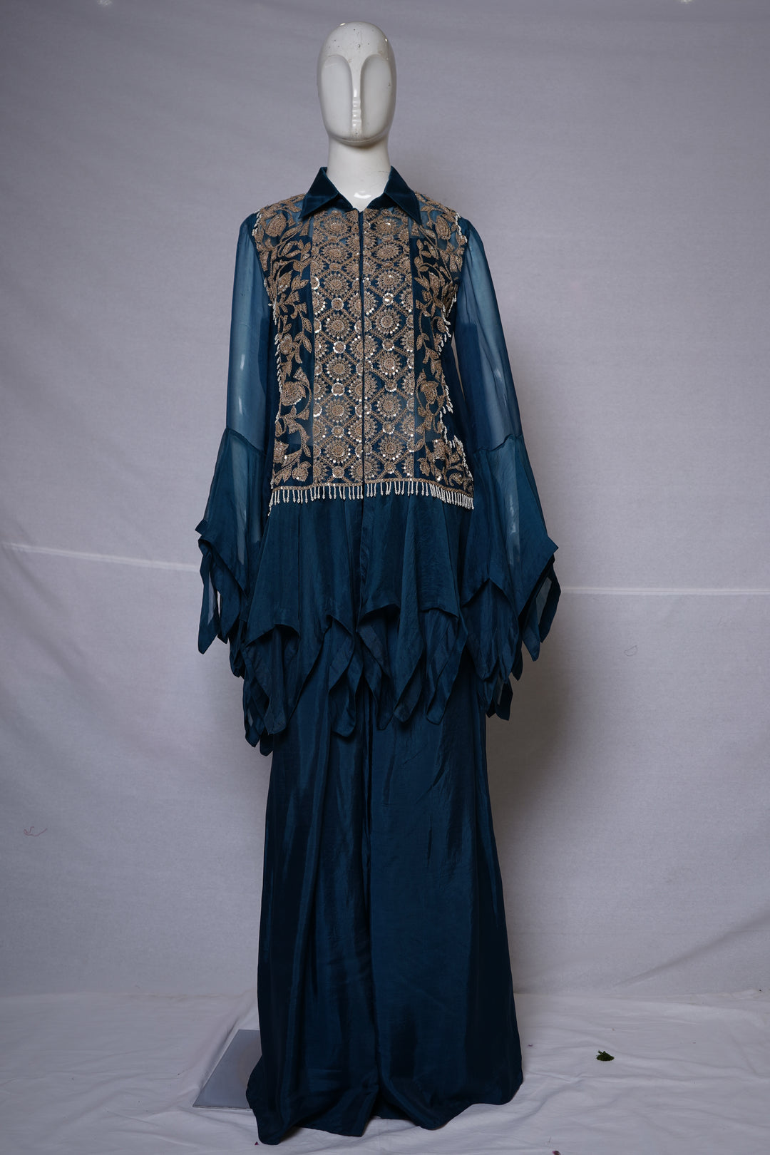 Teal Blue Embroidered Cape Style Designer Co-Ord Set