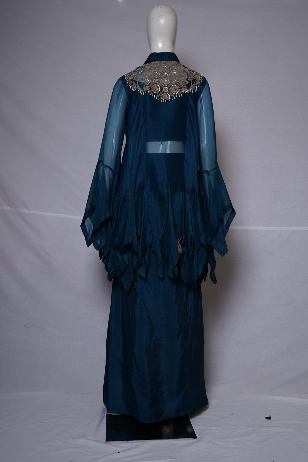 Teal Blue Embroidered Cape Style Designer Co-Ord Set