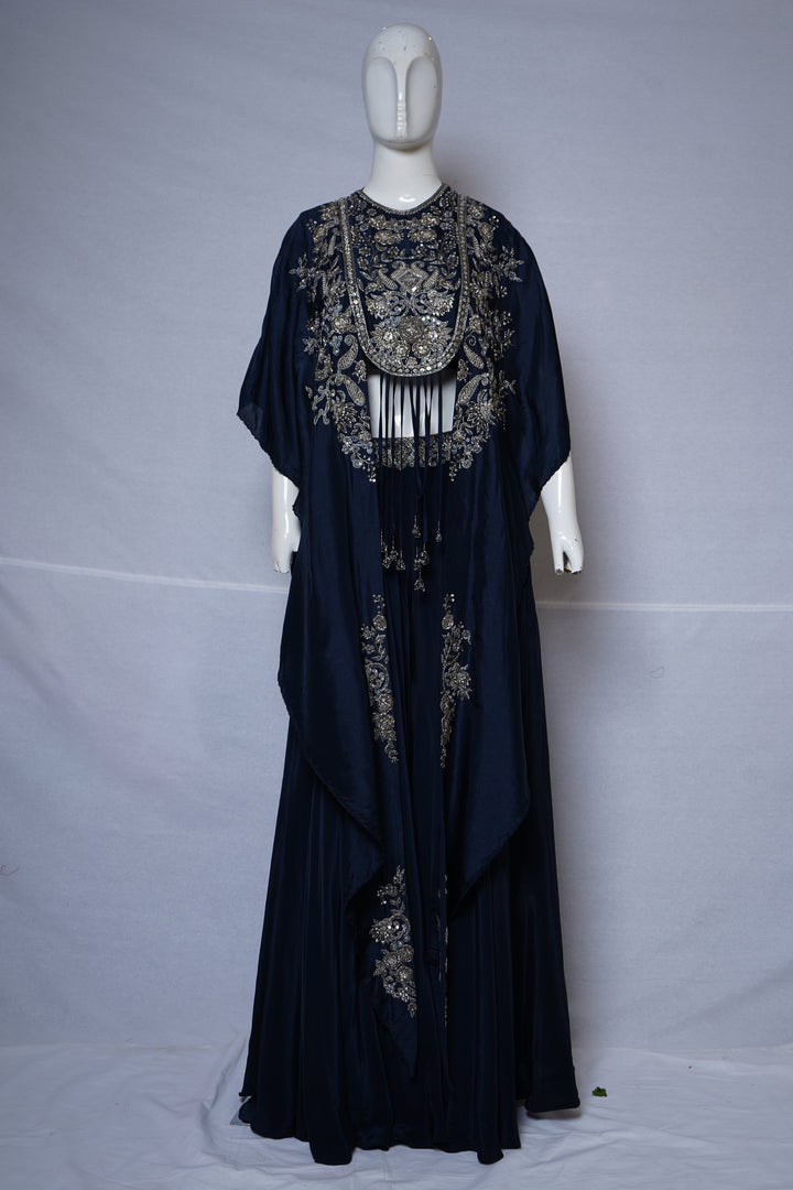 Midnight Blue Embroidered Cape Style Designer Ensemble