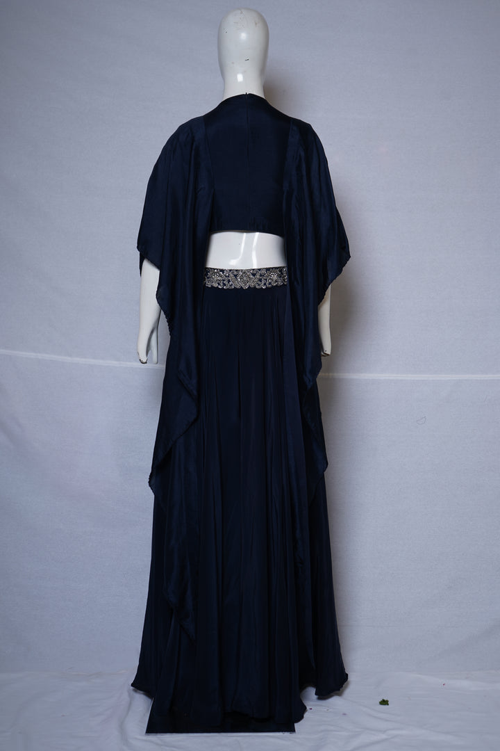 Midnight Blue Embroidered Cape Style Designer Ensemble
