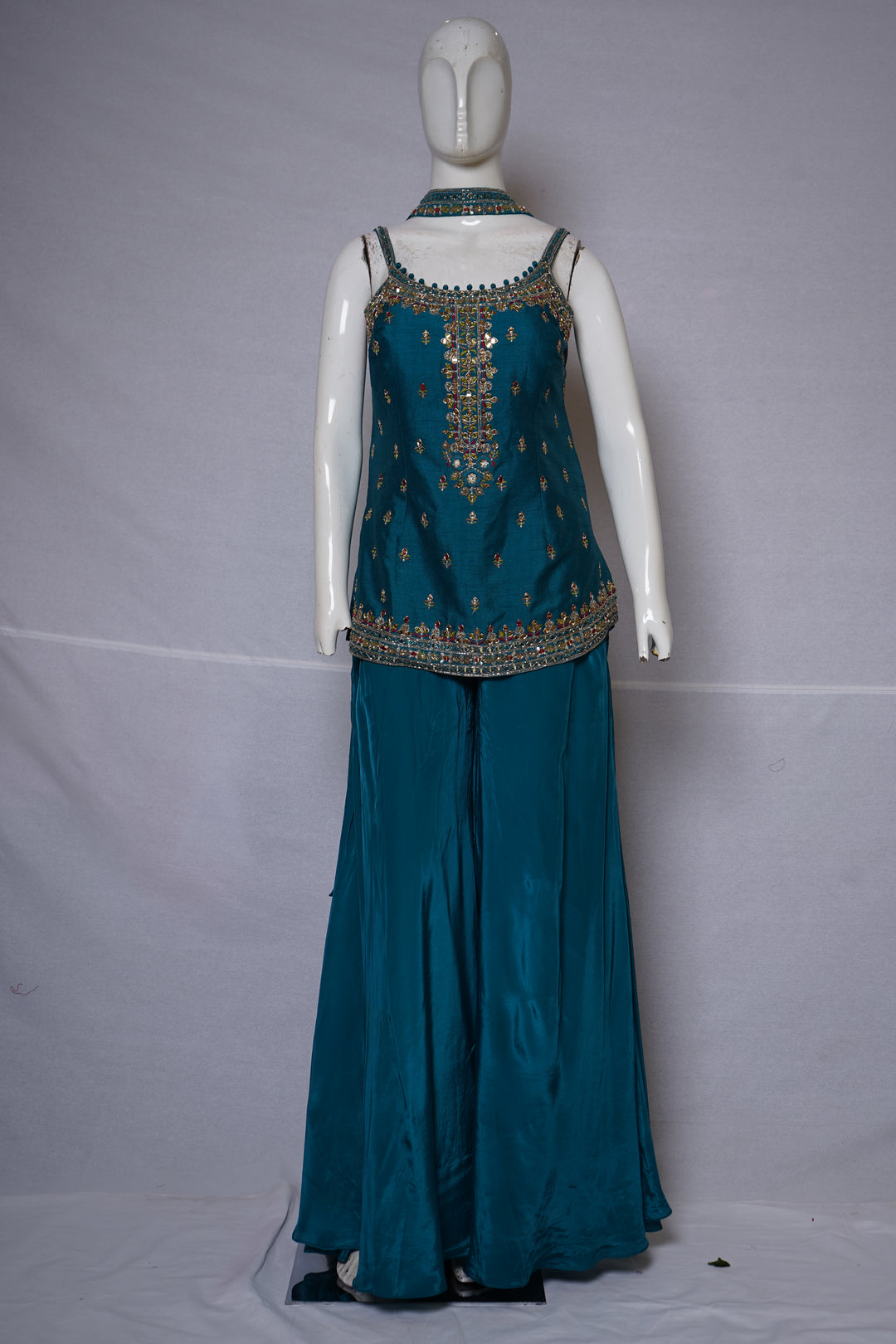 Teal Blue Embroidered Designer Palazzo Set