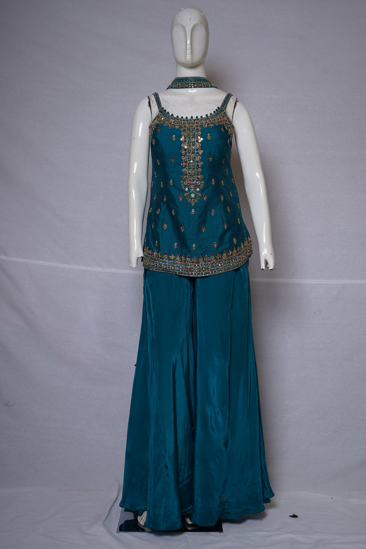 Teal Blue Embroidered Designer Palazzo Set