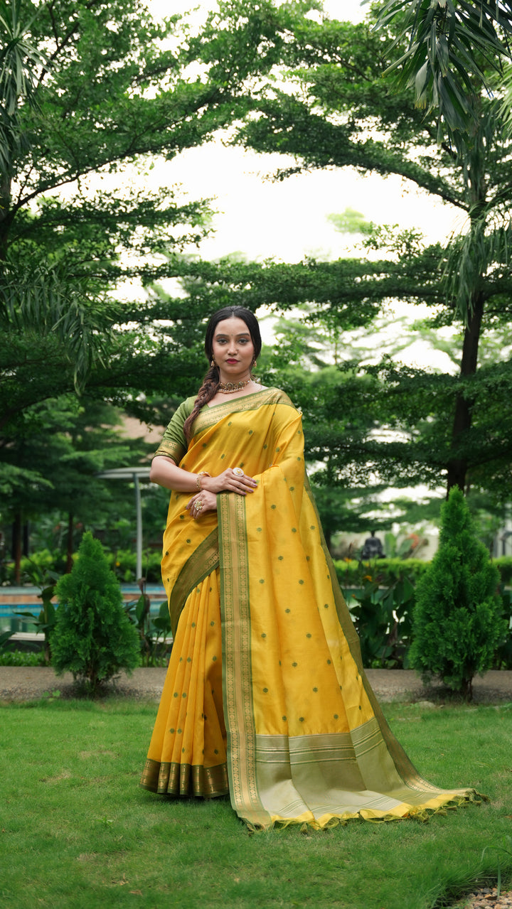Elegant Handloom Silk Saree with Small Butti Motifs & Rich Zari Border