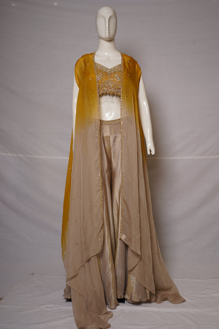Mustard Yellow Cape Style Palazzo Set with Embellished Blouse