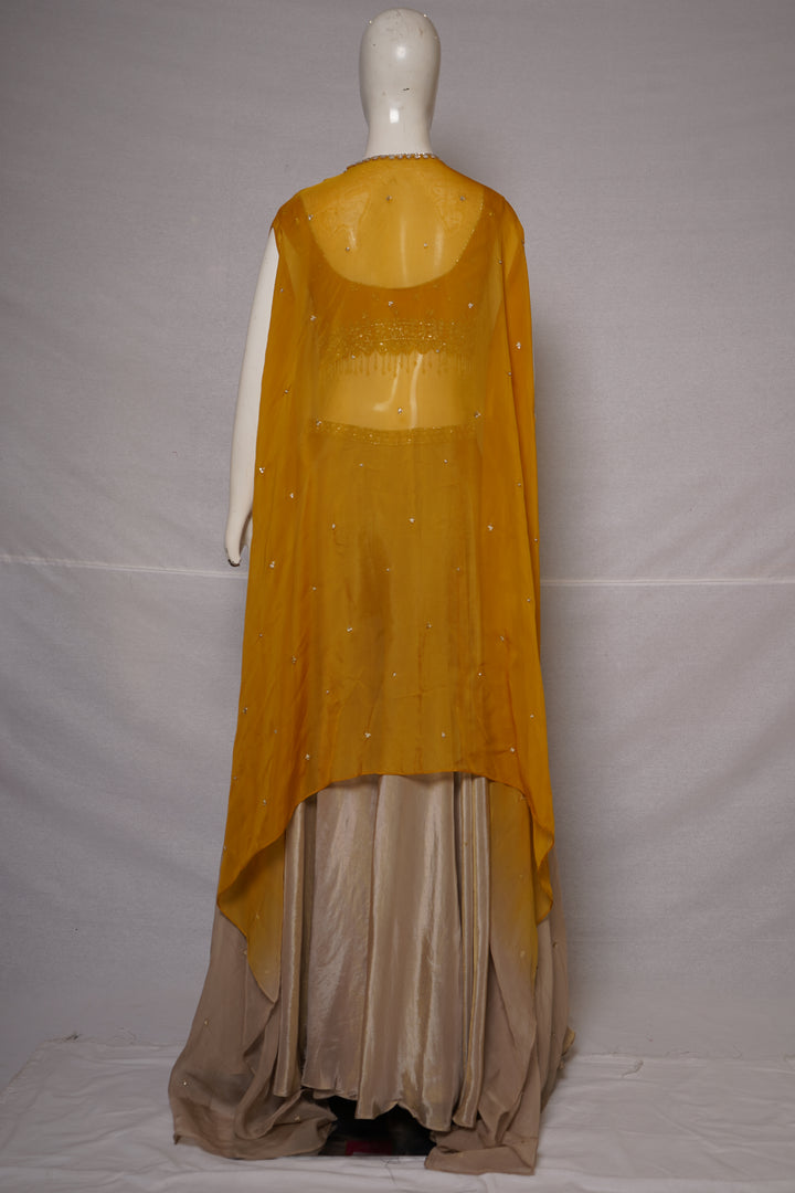 Mustard Yellow Cape Style Palazzo Set with Embellished Blouse