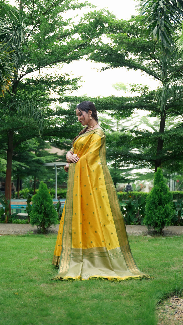 Elegant Handloom Silk Saree with Small Butti Motifs & Rich Zari Border