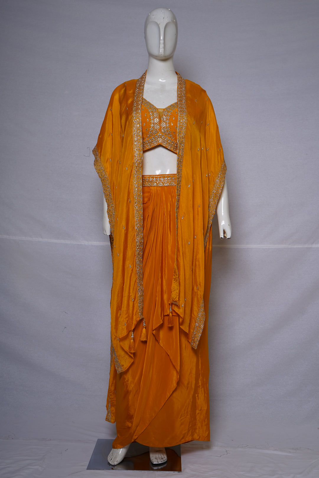 Mustard Yellow Embellished Dhoti Skirt Set with Cape