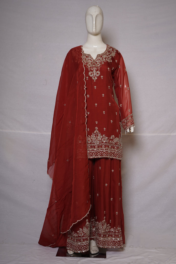 Wine Red Embroidered Kurta Sharara Set with Dupatta