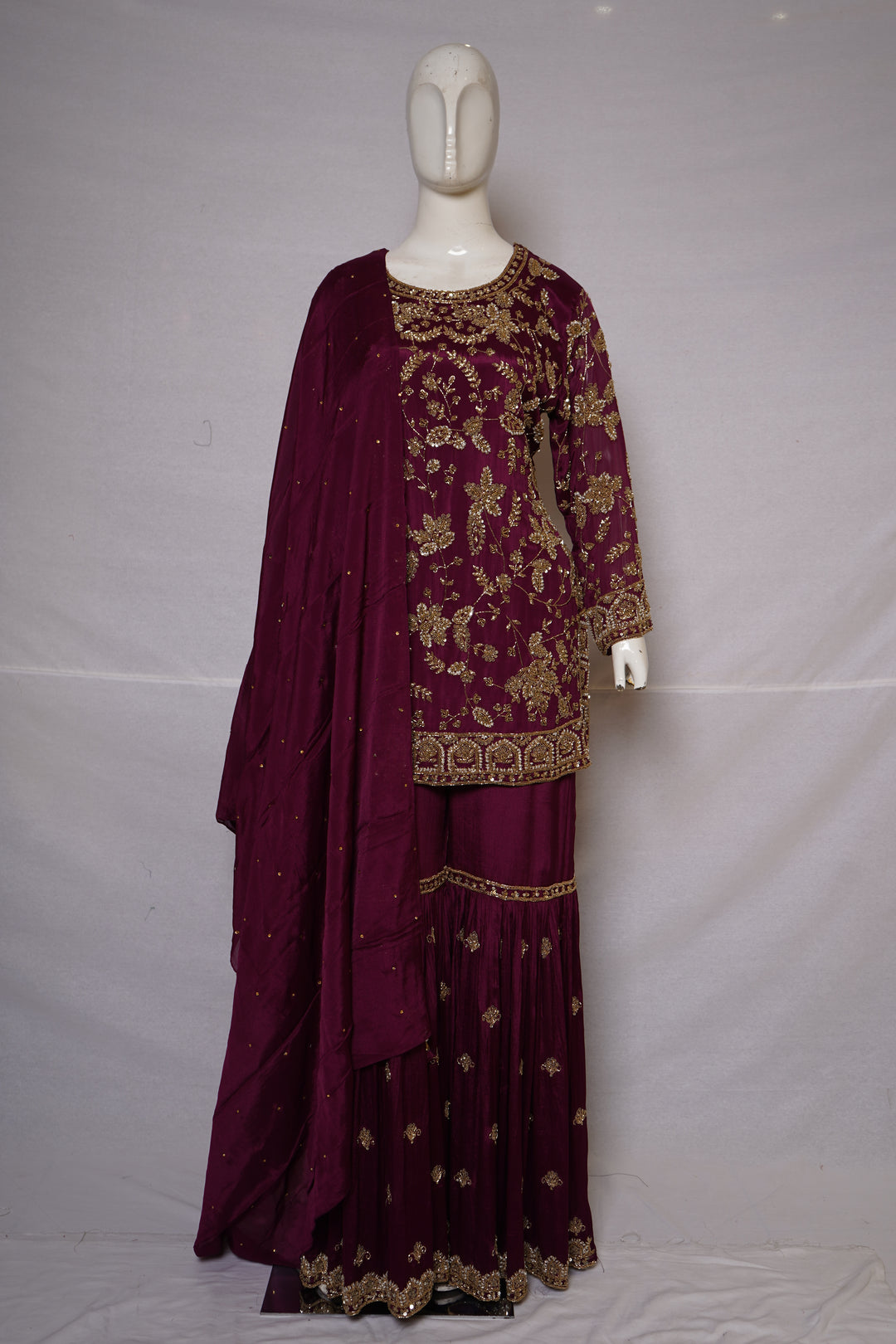 Deep Wine Embroidered Kurta Sharara Set with Dupatta