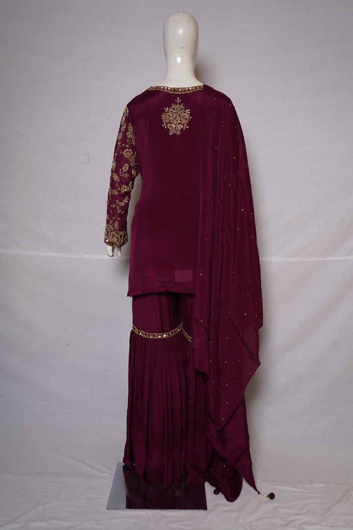Deep Wine Embroidered Kurta Sharara Set with Dupatta