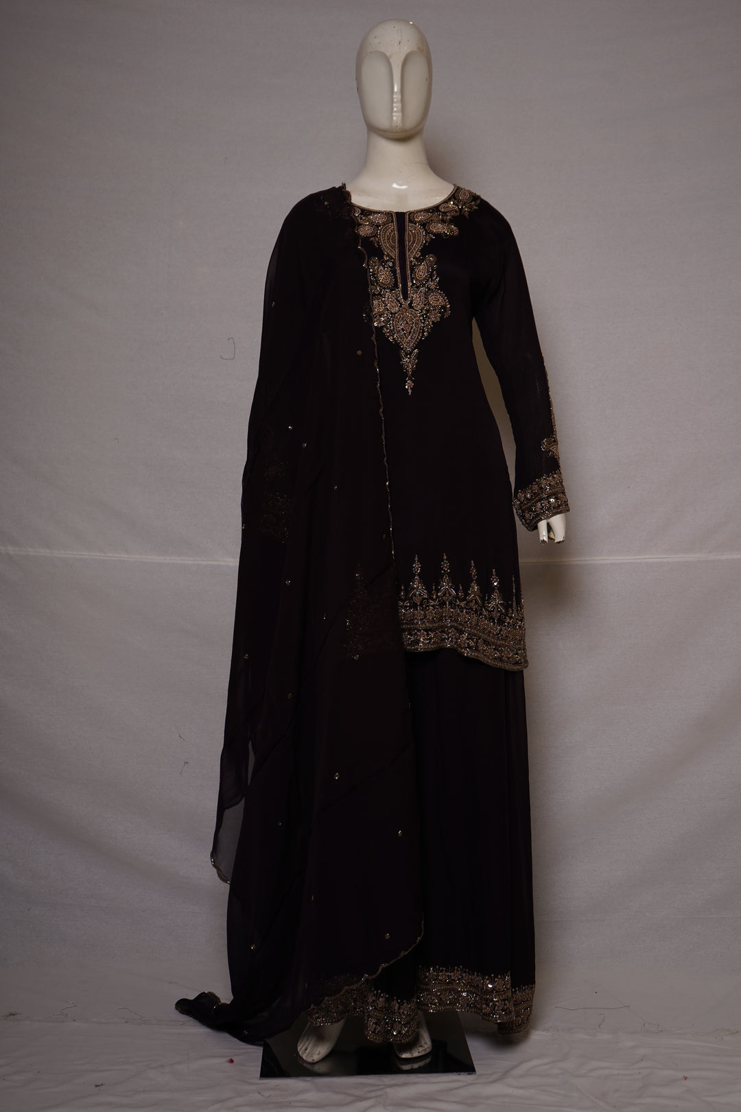 Midnight Black Embroidered Kurta Sharara Set with Dupatta