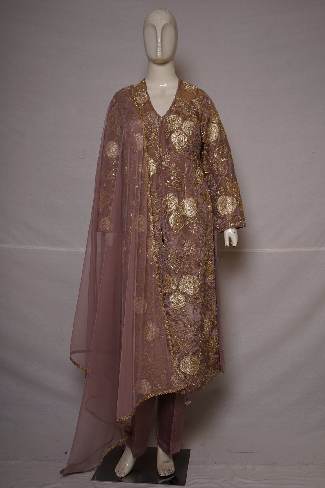 Dusty Rose Floral Embroidered Straight Kurta Set with Dupatta