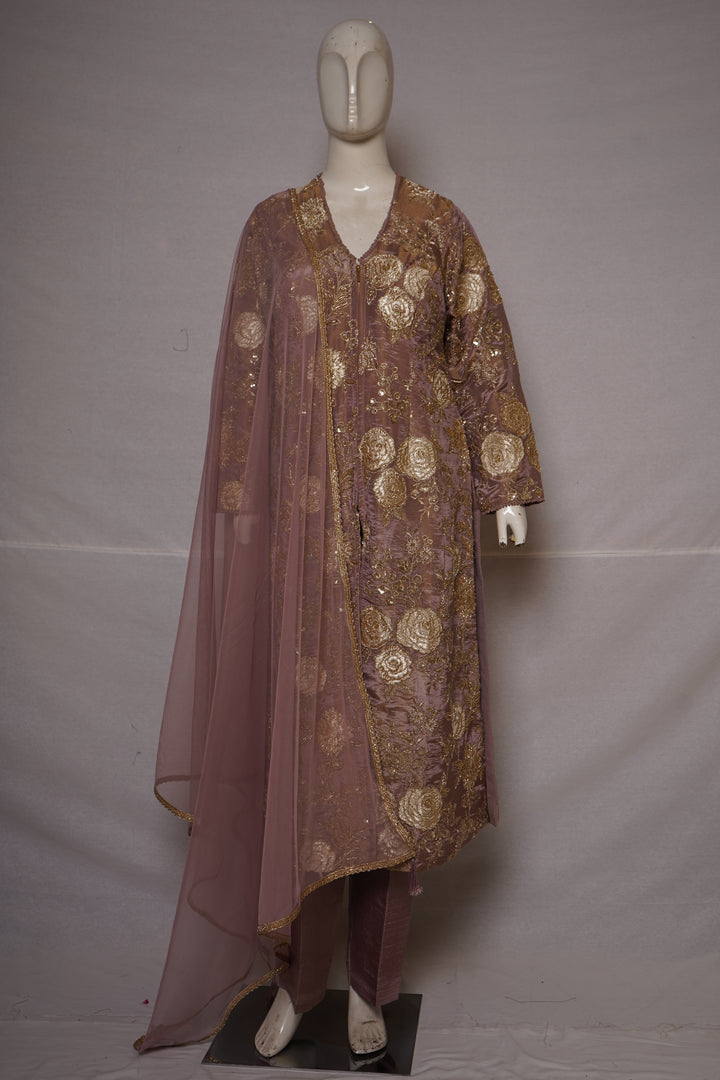 Dusty Rose Floral Embroidered Straight Kurta Set with Dupatta