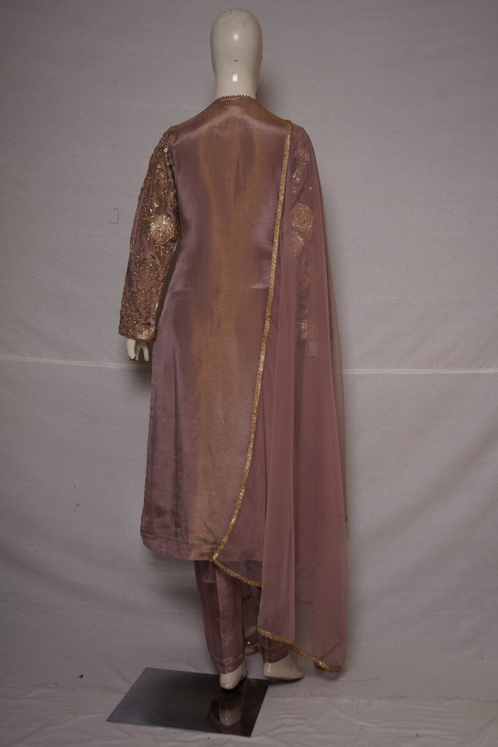 Dusty Rose Floral Embroidered Straight Kurta Set with Dupatta