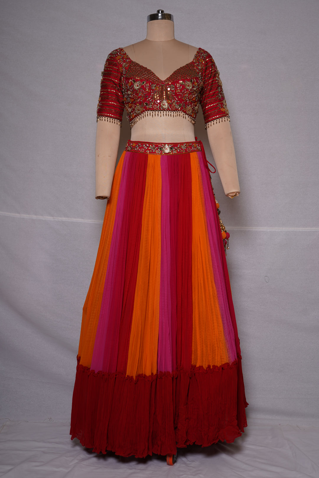 Multicolor Pleated Lehenga Set with Embroidered Blouse