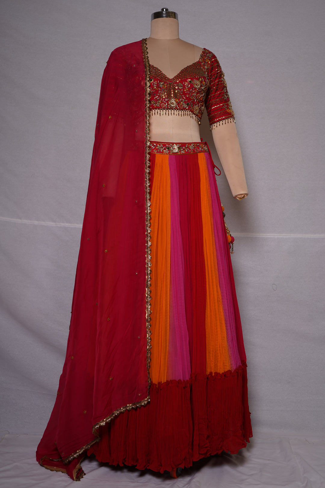 Multicolor Pleated Lehenga Set with Embroidered Blouse
