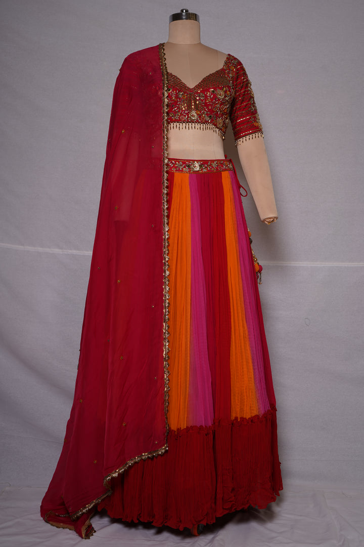 Multicolor Pleated Lehenga Set with Embroidered Blouse