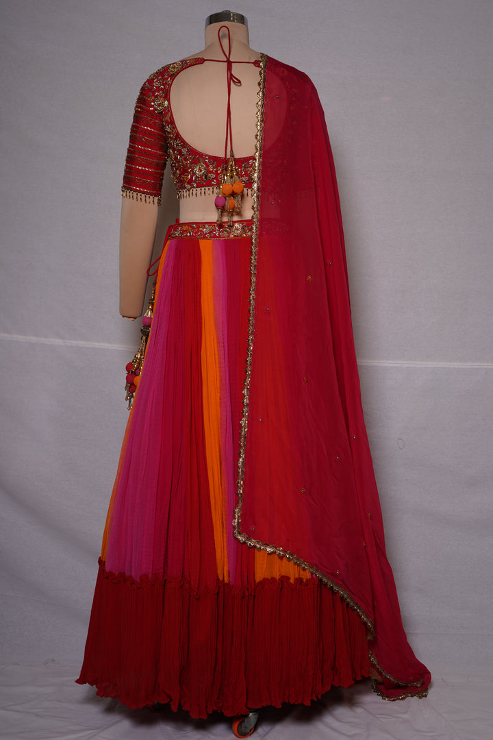 Multicolor Pleated Lehenga Set with Embroidered Blouse