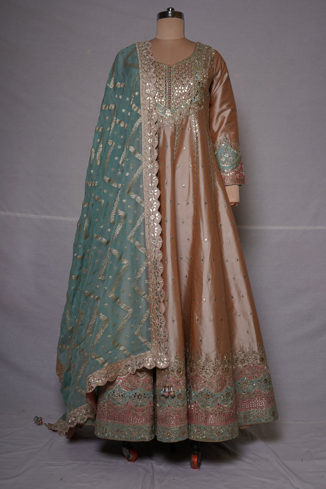 Champagne Gold Anarkali Suit Set with Embroidered Dupatta