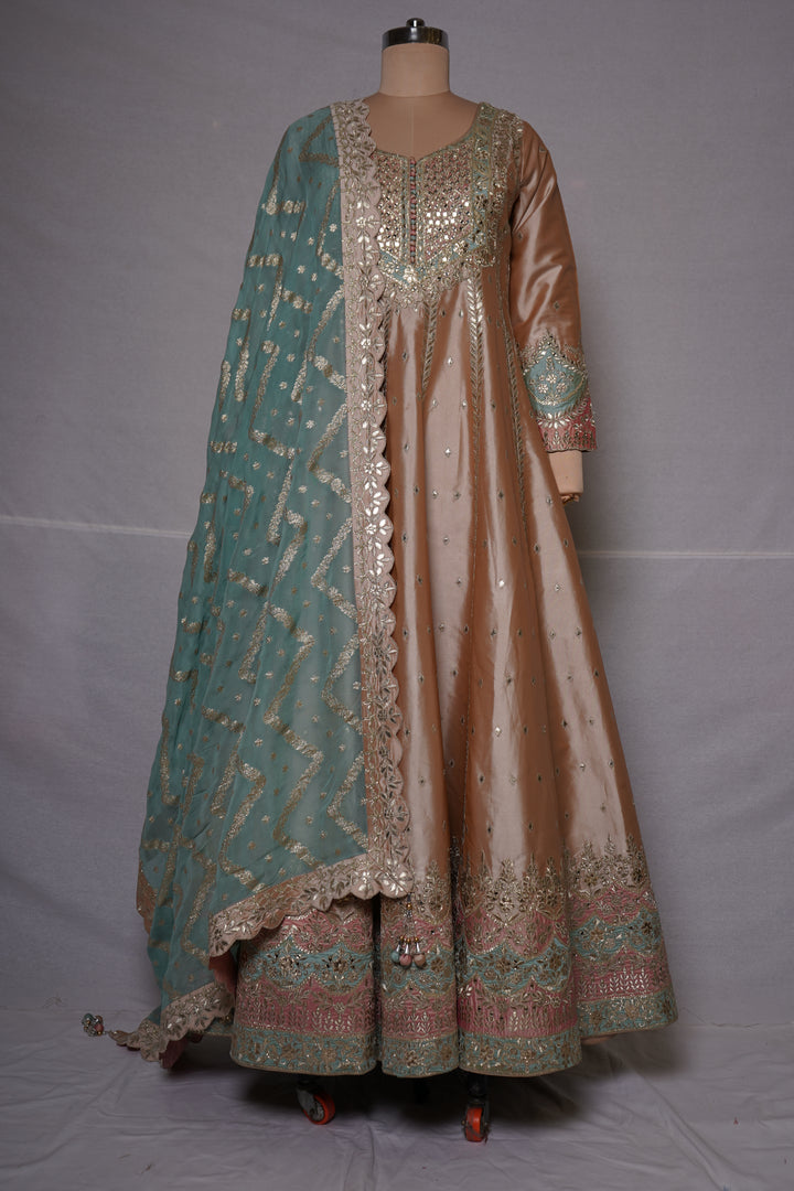 Champagne Gold Anarkali Suit Set with Embroidered Dupatta