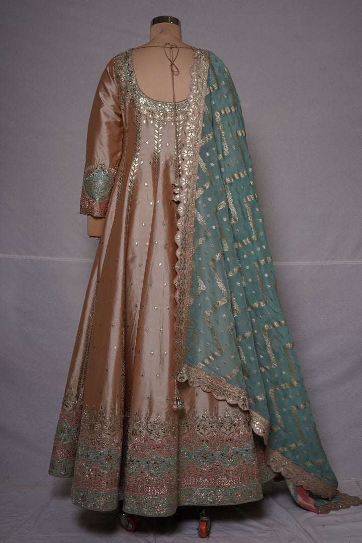 Champagne Gold Anarkali Suit Set with Embroidered Dupatta