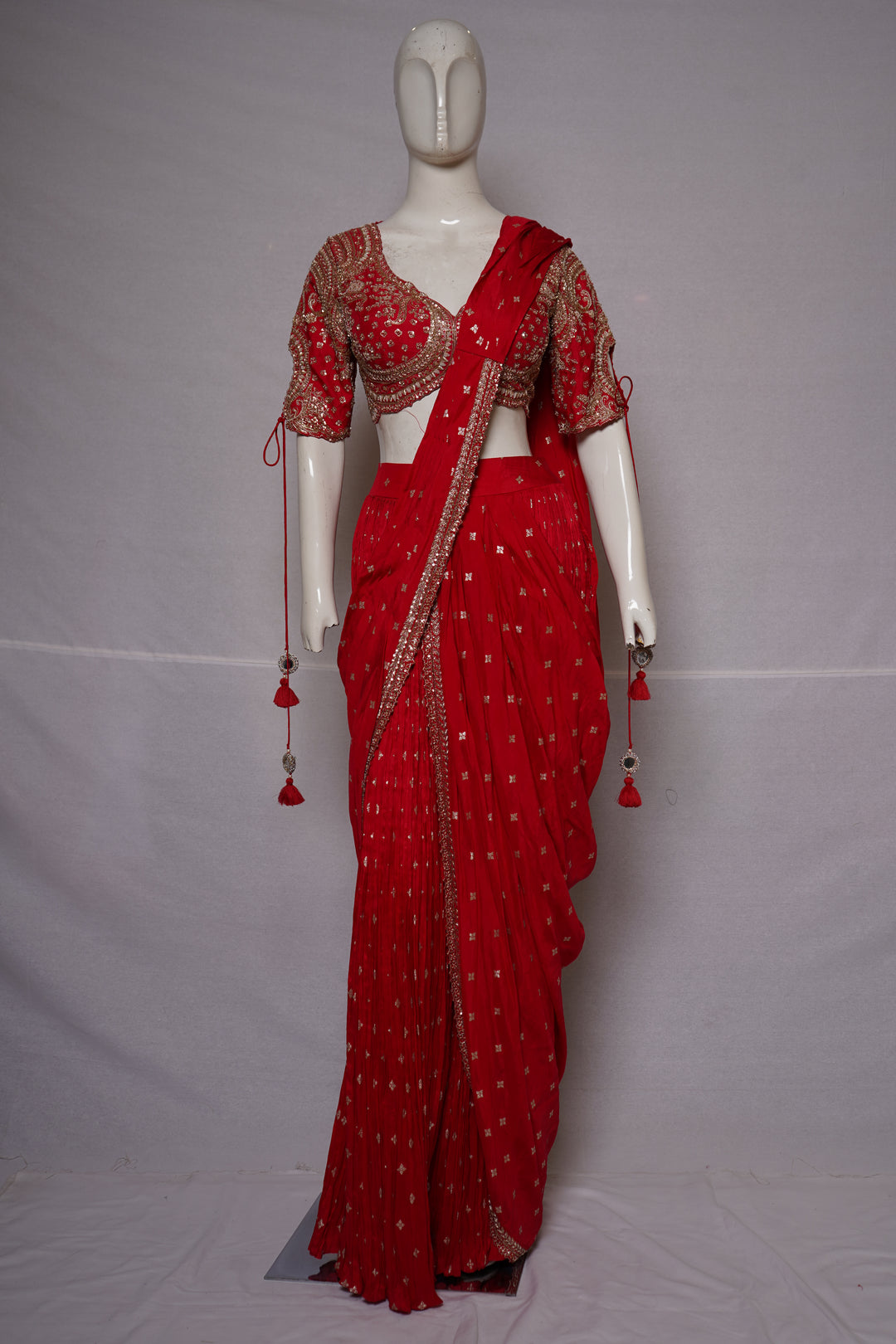 Radiant Red Ready-to-Wear Embroidered Saree with Designer Blouse
