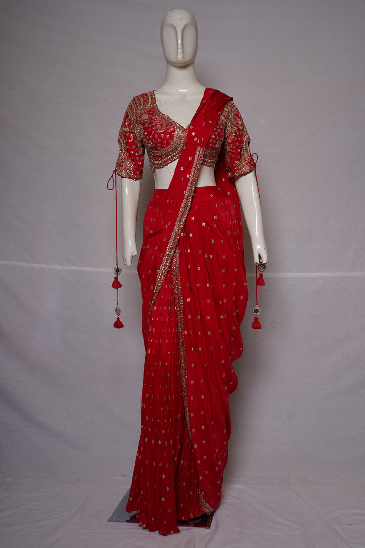 Radiant Red Ready-to-Wear Embroidered Saree with Designer Blouse