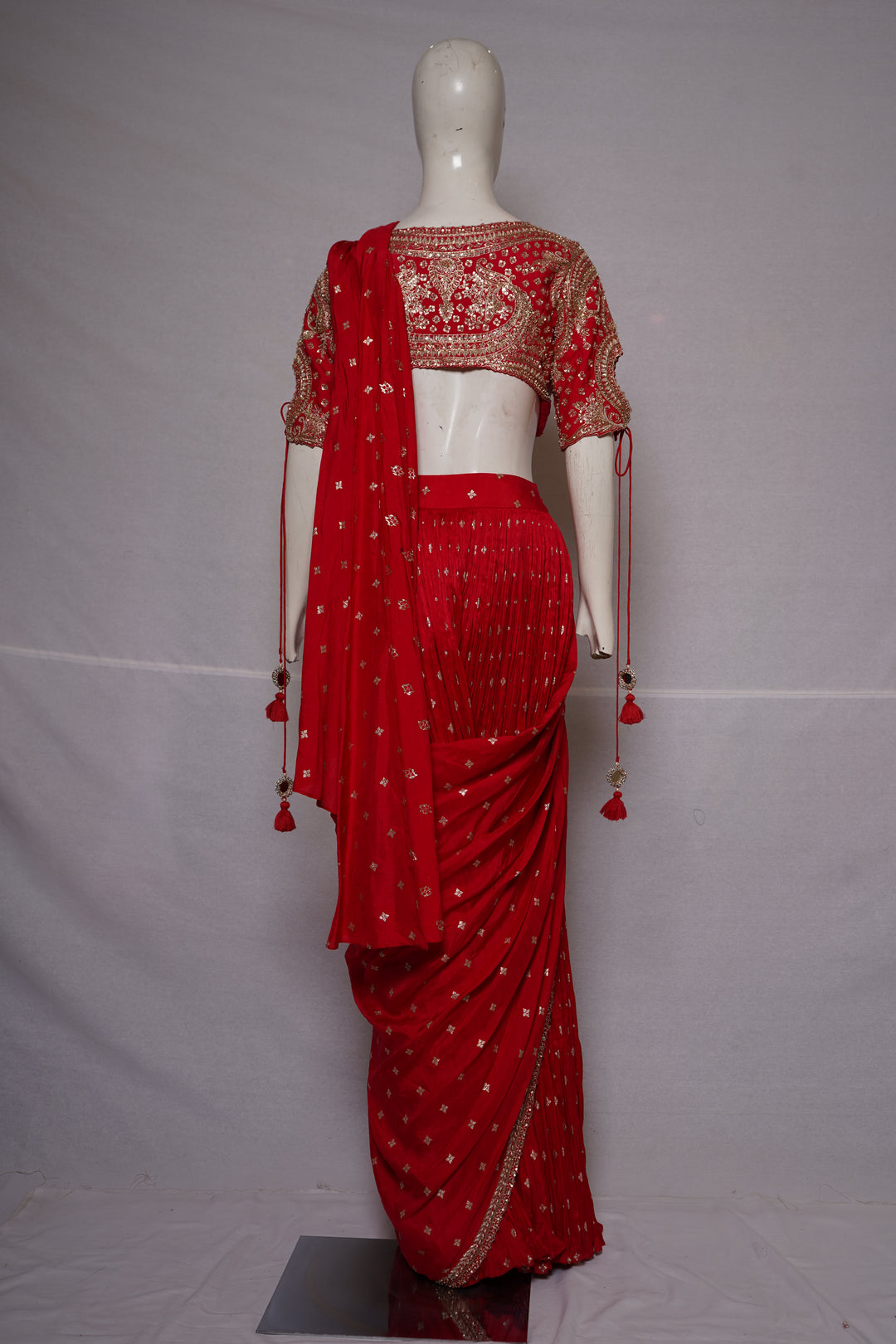 Radiant Red Ready-to-Wear Embroidered Saree with Designer Blouse