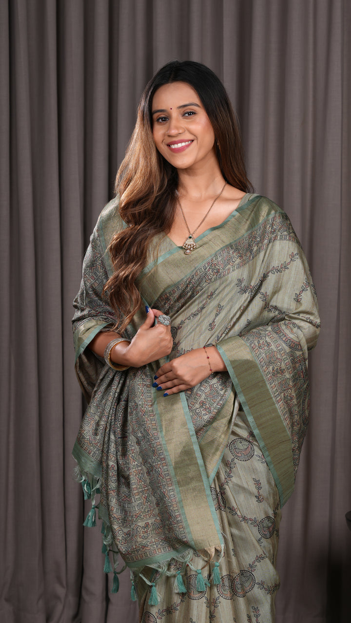 Linen Silk Saree with Traditional Madhubani Inspired Print & Tassel Pallu