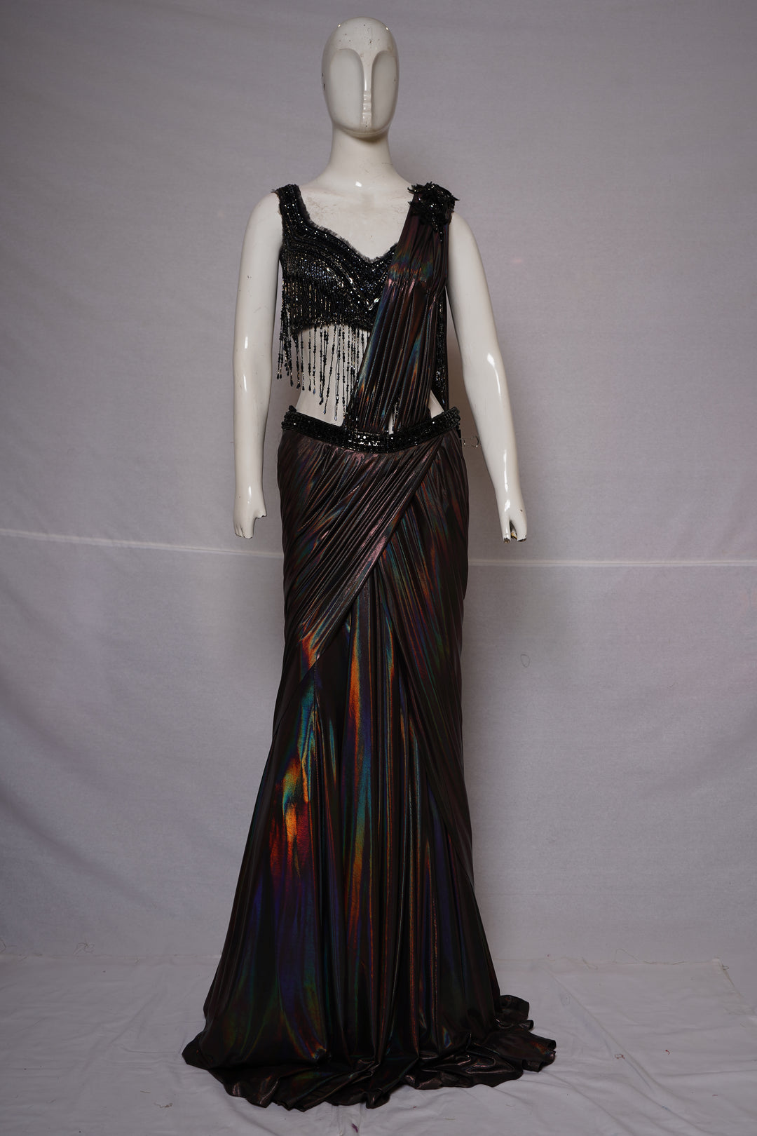 Midnight Prism Ready-to-Wear Metallic Saree with Fringe Designer Blouse