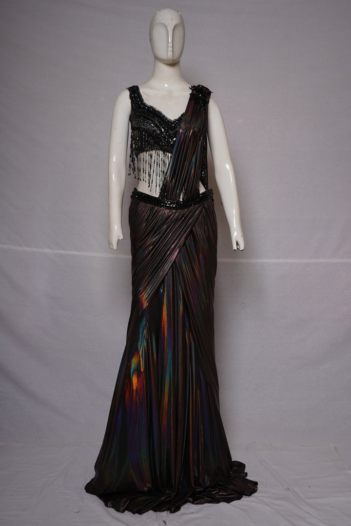 Midnight Prism Ready-to-Wear Metallic Saree with Fringe Designer Blouse