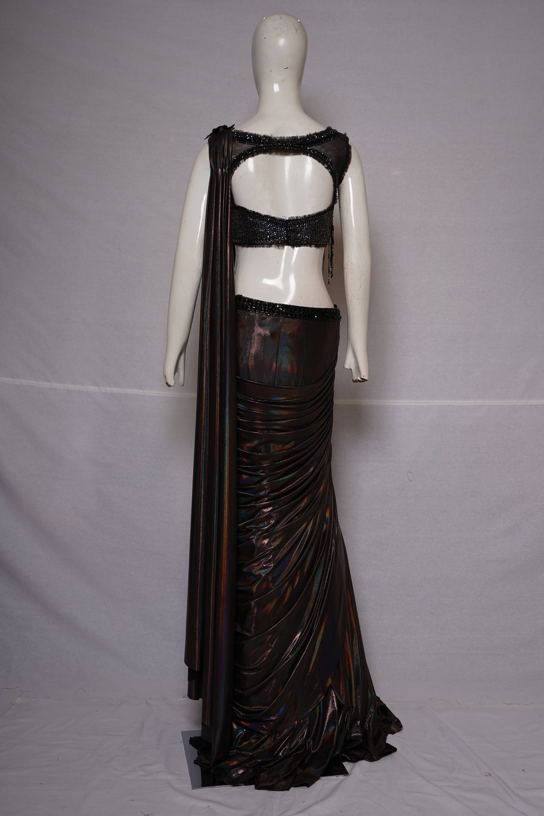 Midnight Prism Ready-to-Wear Metallic Saree with Fringe Designer Blouse